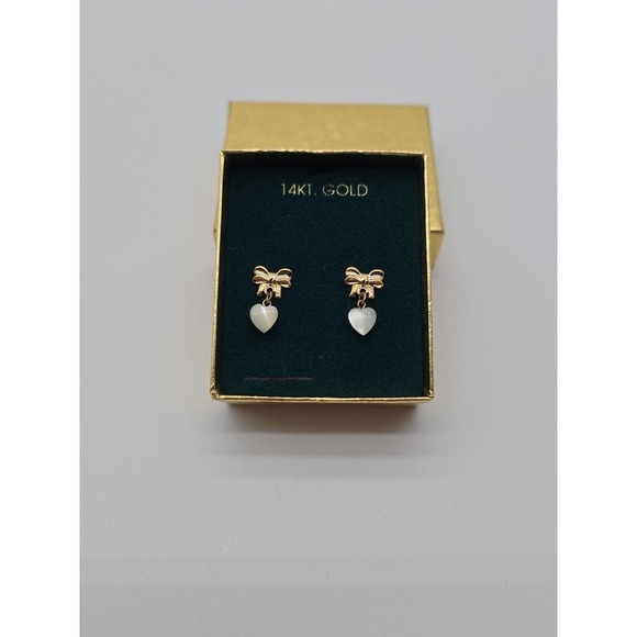 Bow Mother of Pearl Heart Earrings 14k Gold Vintage - Picture 2 of 5